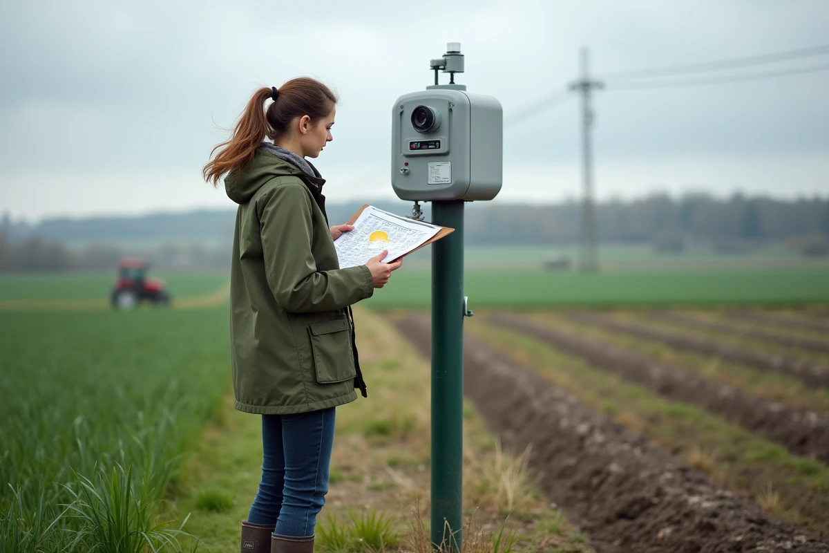 Jeune agronome avec station météo dans un champ