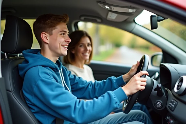 Jeune garçon souriant dans une voiture en apprentissage