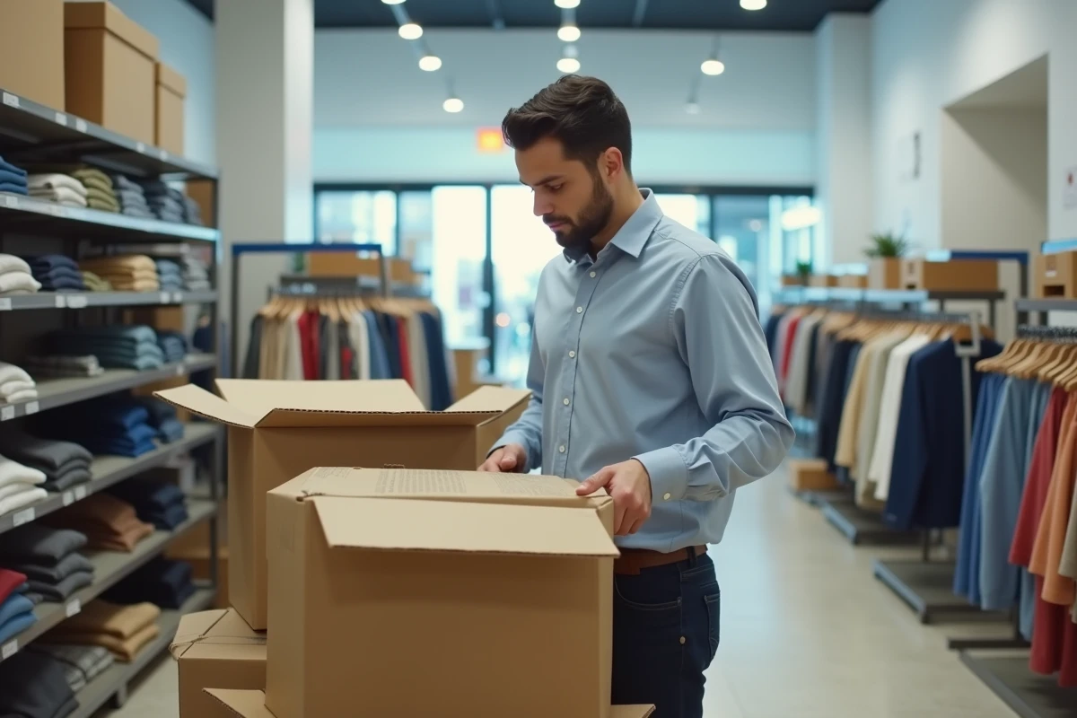 Jeune employé rangeant des vêtements dans un magasin vide