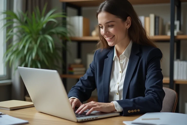 Jeune femme professionnelle travaillant sur son ordinateur dans un bureau moderne