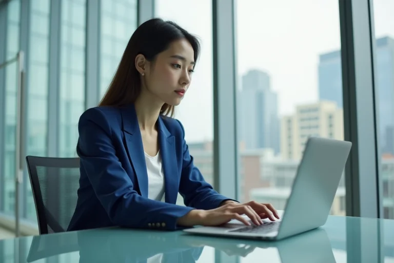 Jeune femme en blazer bleu lisant des actualites au bureau