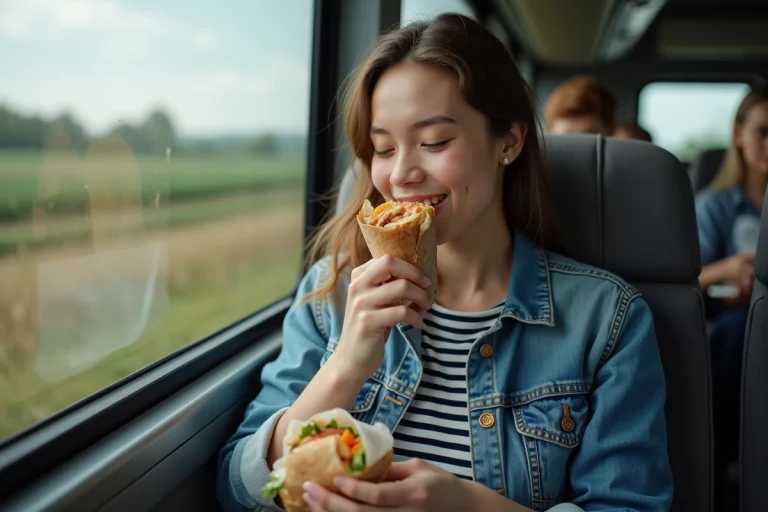 Jeune femme en bus confortablement assise en train de manger un sandwich