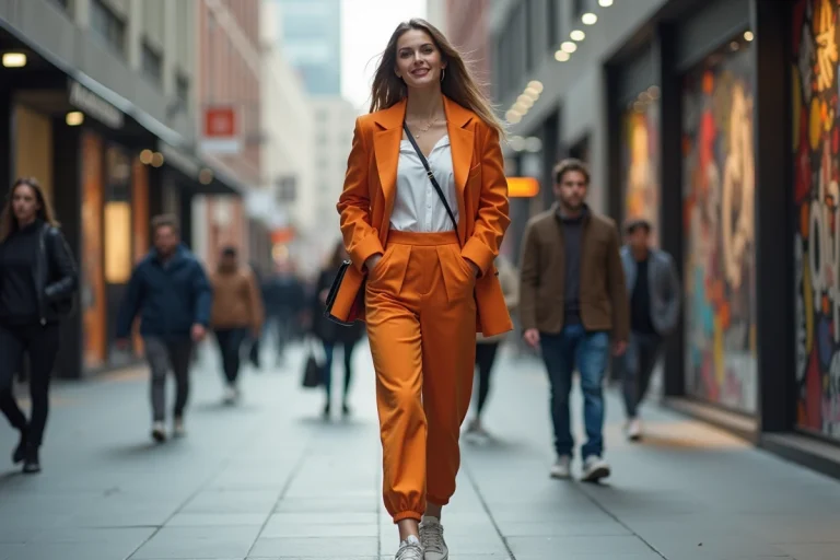 Jeune femme mode urbaine avec blazer coloré dans la ville