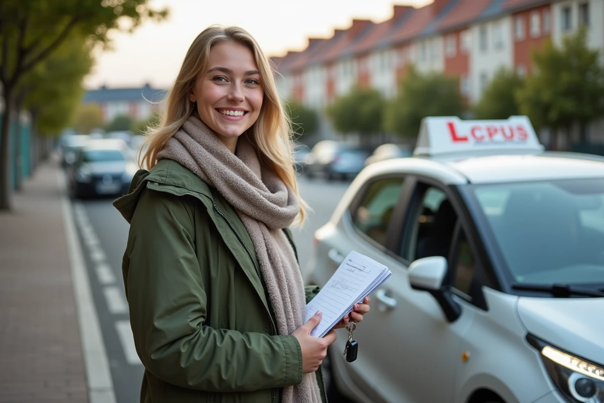 Jeune femme avec carnet de conduite et clés devant sa voiture