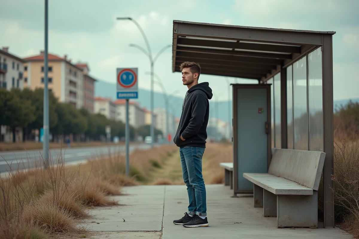 Jeune homme attendant au arrêt de tram a Nice