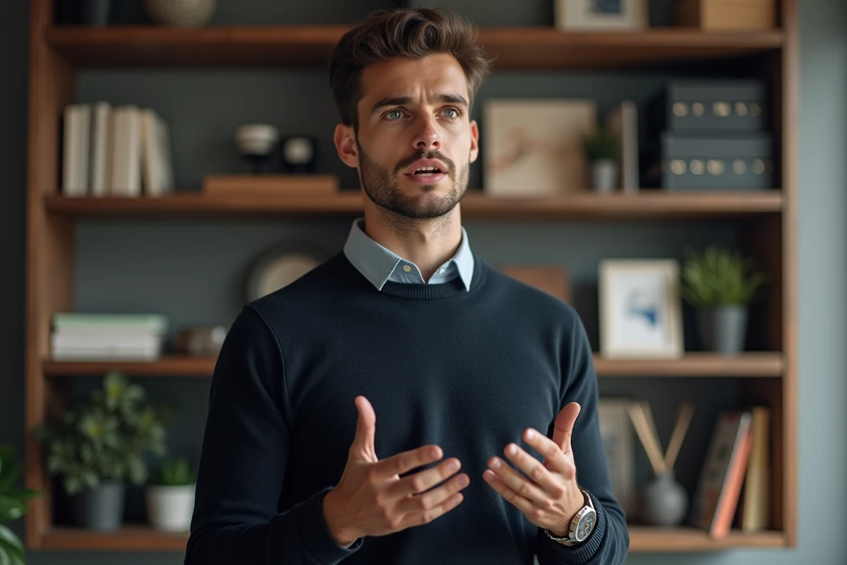 Jeune homme français discutant dans un espace de travail moderne