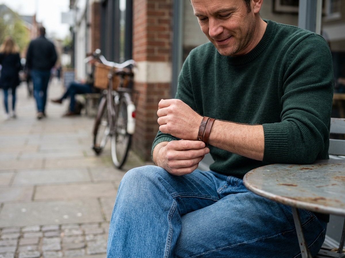 Jeune homme portant un bracelet en cuir au café en ville