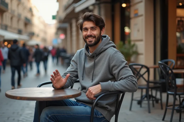 Jeune homme nord-africain souriant au café en ville