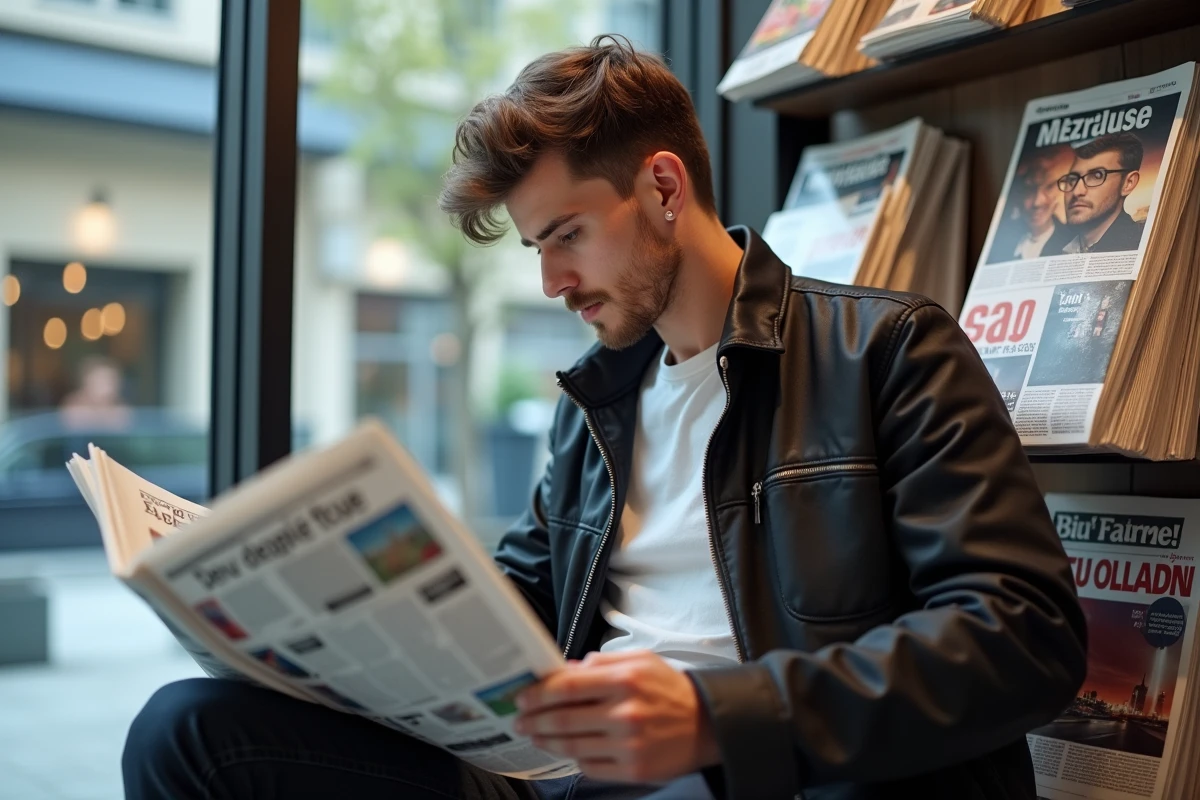 Jeune homme lisant un journal dans un stand moderne