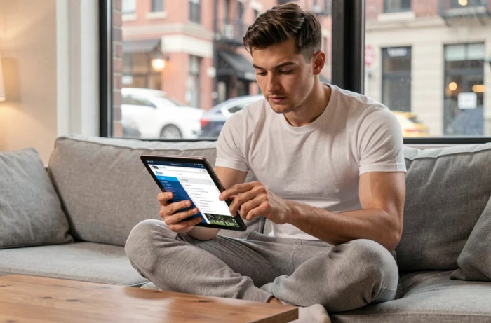 Jeune homme explorant le plan du site soyezsport.fr sur une tablette dans son salon