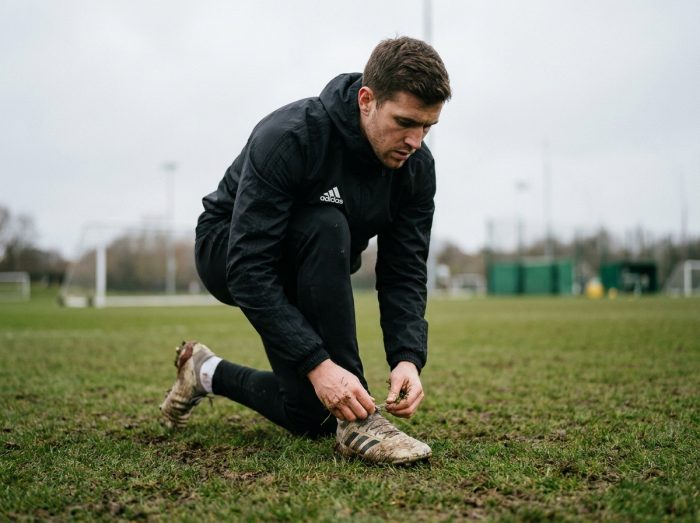 Joueur de football accroupi qui lace ses crampons Adidas sur terrain naturel lors d'un entraînement hebdomadaire