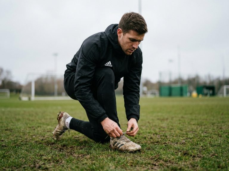 Joueur de football accroupi qui lace ses crampons Adidas sur terrain naturel lors d'un entraînement hebdomadaire