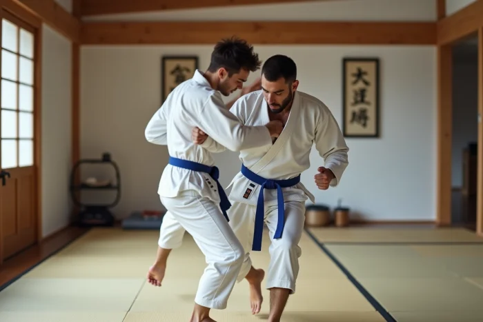 Pratiquant de judo en kimono blanc réalisant une technique de projection dans un dojo