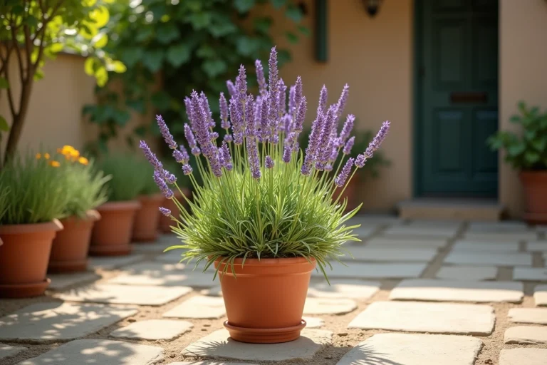 Plant de lavande tombante dans un pot en terre cuite sur une terrasse en pierre, avec des tiges affaissées et un feuillage jaunissant