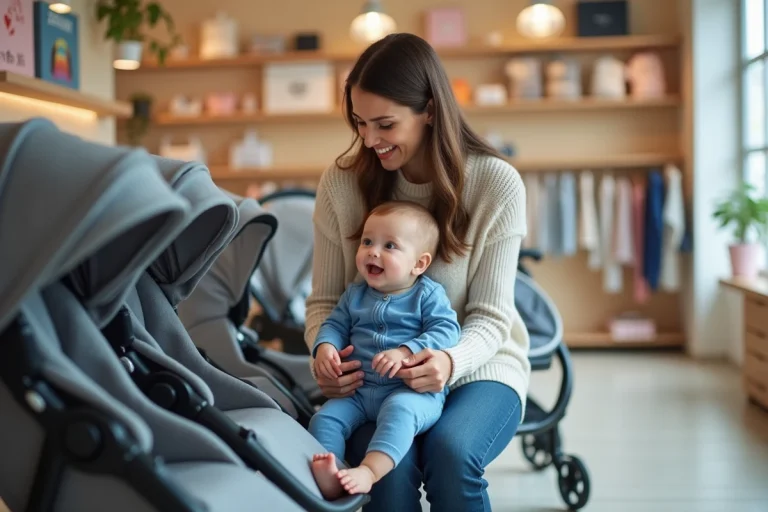 Jeune maman inspectant des poussettes modernes avec son bébé