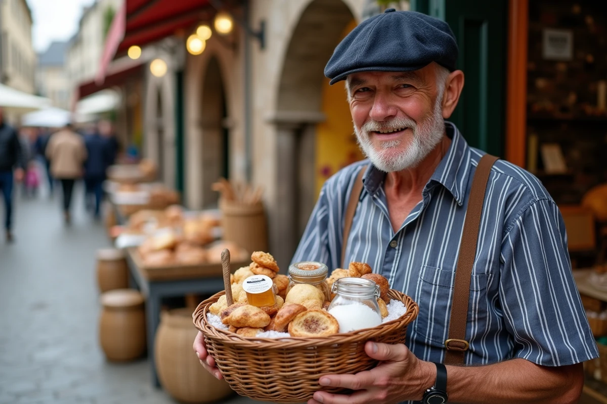 Marchand breton avec panier de produits locaux au marché