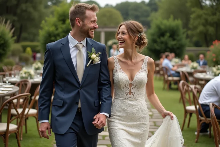 Jeune couple de mariés dans un jardin fleuri lors d'un mariage