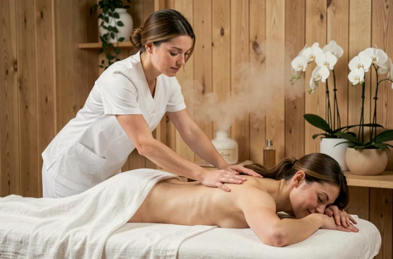 Masseuse professionnelle effectuant un massage suédois sur une cliente dans un institut de bien-être