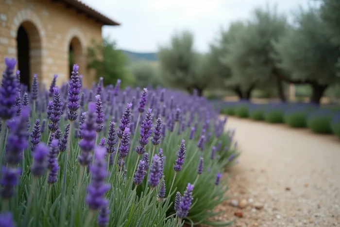 Massif de lavande en déclin partiel dans un jardin de style provençal, mêlant tiges tombantes grises et fleurs violettes encore dressées