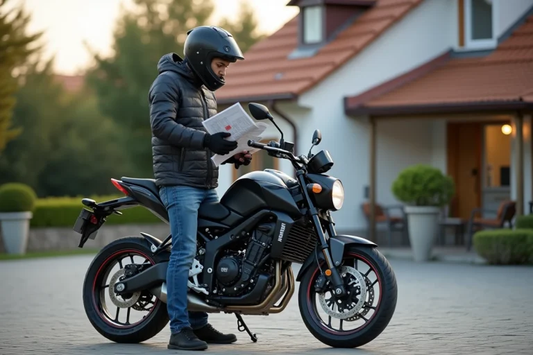 Jeune motard regardant un manuel à côté de sa Yamaha MT125