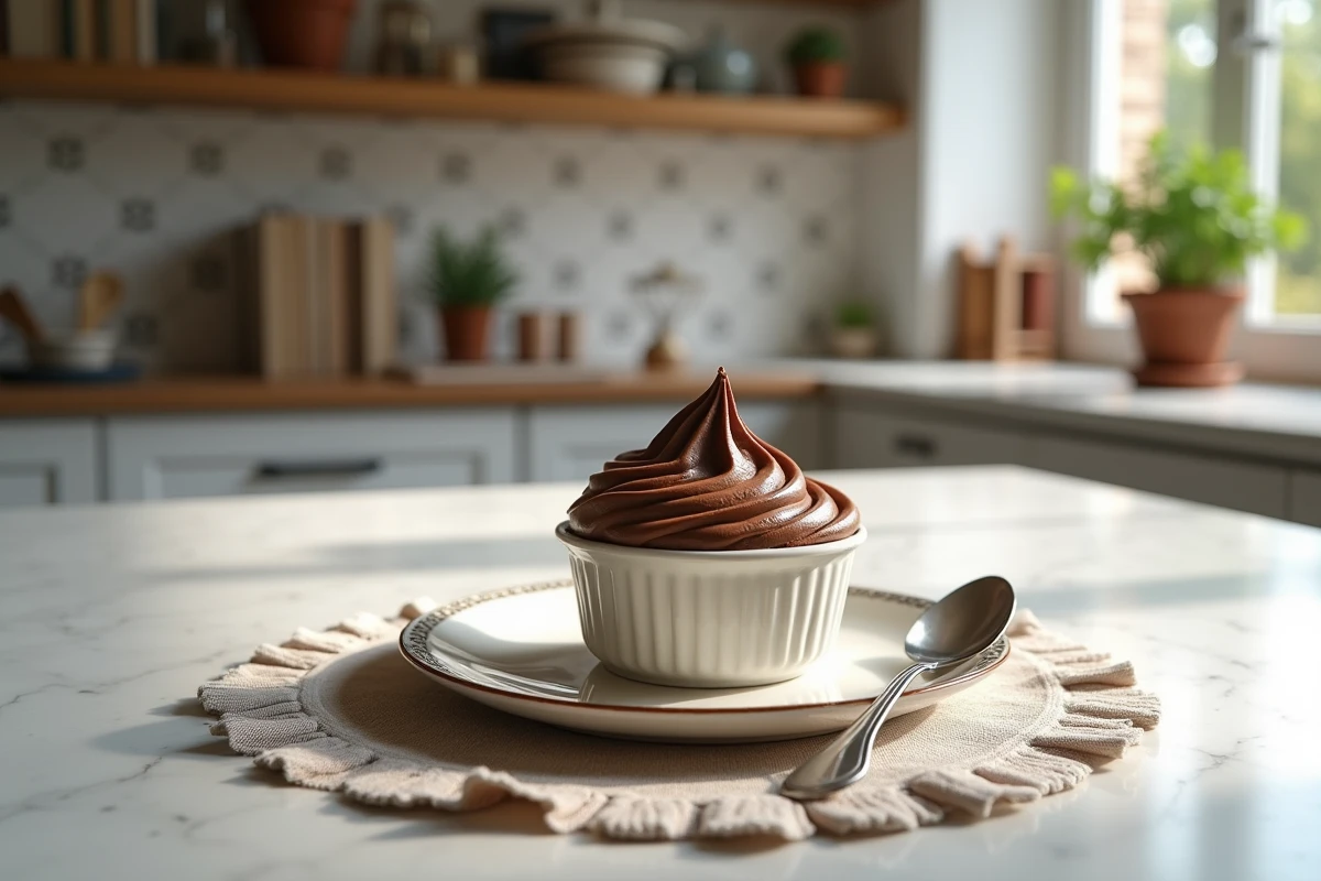 Mousse au chocolat dans un ramequin vintage sur une table en marbre