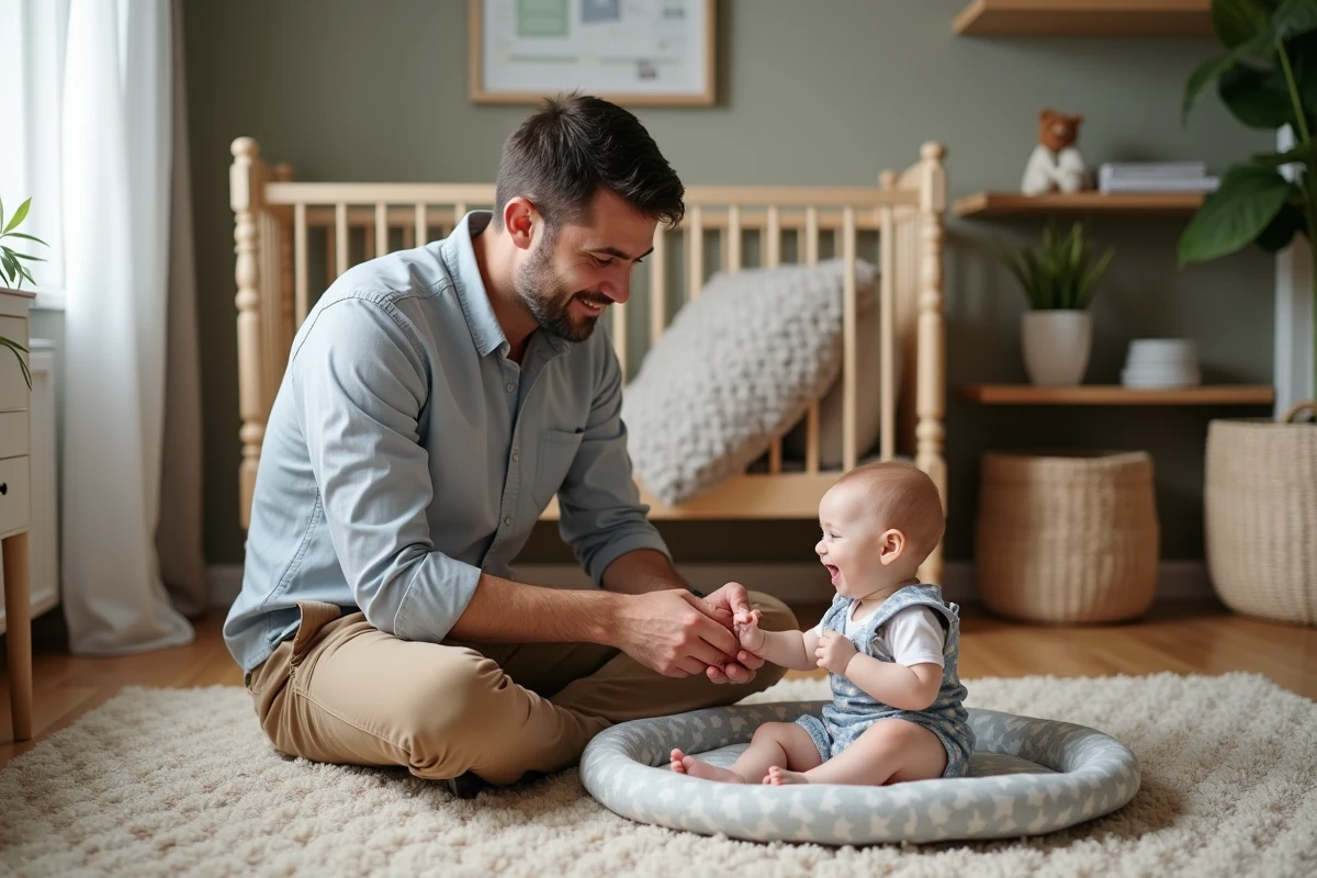 Père examinant un porte-bébé avec sa fille dans la nurserie
