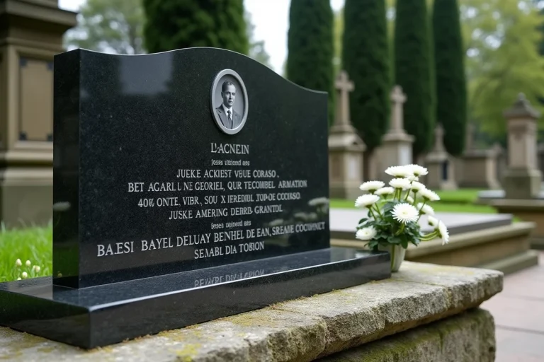 Plaque funéraire en pierre gravée avec portrait ovale dans un cimetière fleuri de chrysanthèmes blancs