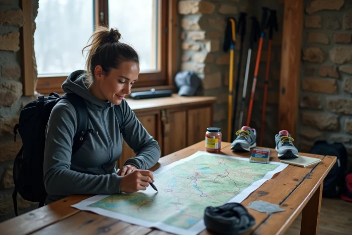 Athlète féminine préparant son plan d'entraînement ultra-endurance avec équipement de trail dans un refuge de montagne