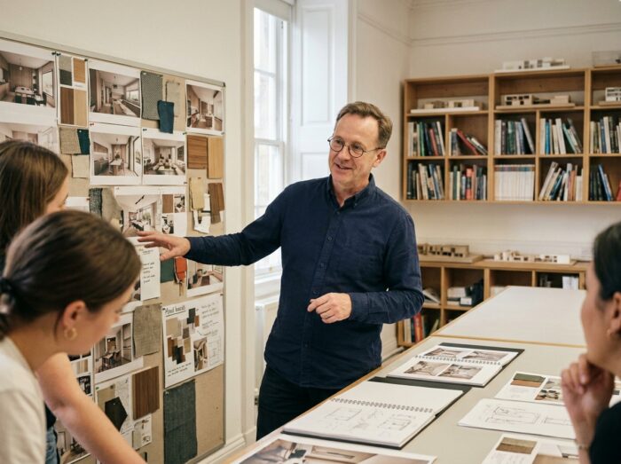 Professeur d'architecture d'intérieur présentant des projets étudiants sur un tableau de présentation en salle de cours