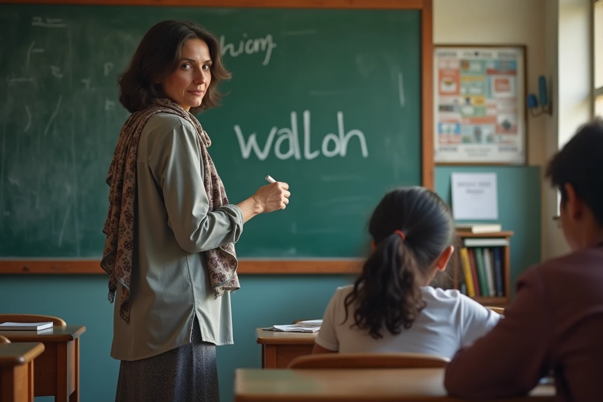 Professeure française écrivant wallah en classe