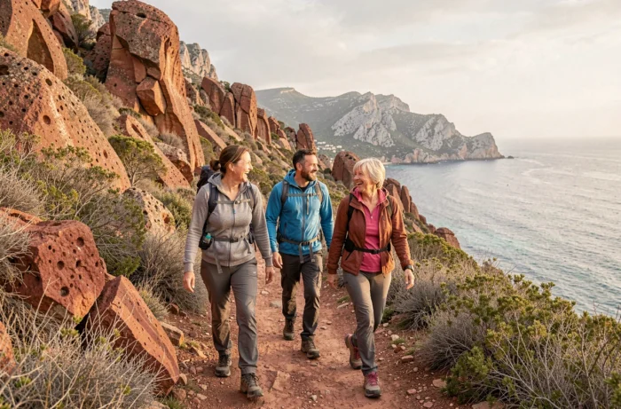 Groupe de randonneurs sur un sentier côtier dans le massif de l'Estérel, activité physique et santé en plein air