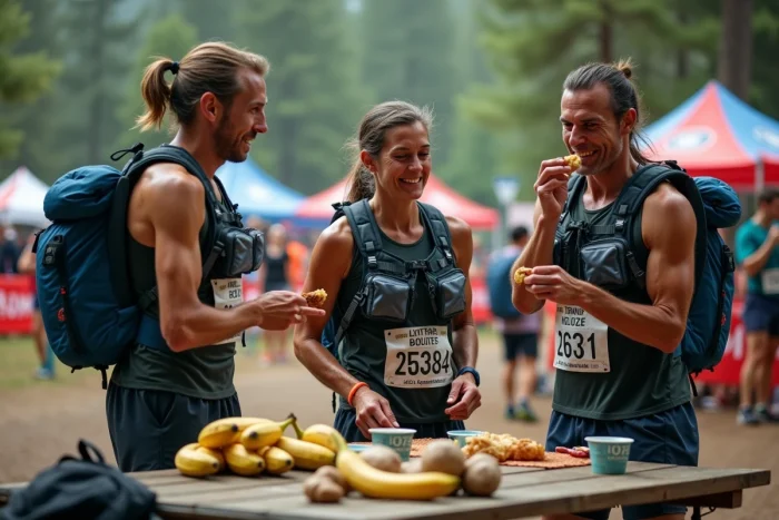 Athlètes d'ultra-endurance se ravitaillant à un poste de ravitaillement lors d'une course de trail en forêt