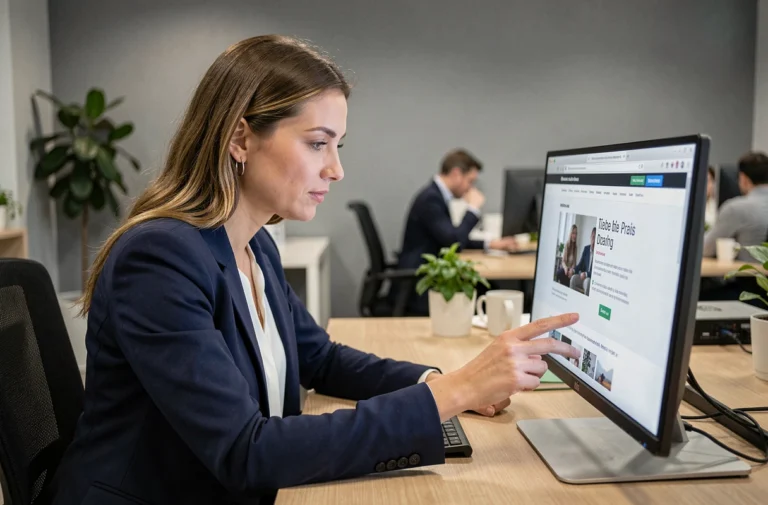 Femme professionnelle cherchant des informations de contact sur un site web depuis son bureau