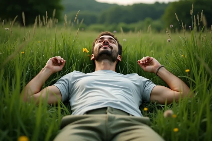 Homme allongé dans la nature en pleine relaxation profonde pour régénérer le système nerveux central