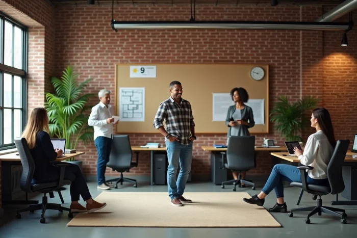 Groupe de personnes réparties dans un bureau en open space illustrant le calcul du nombre de personnes par m² en milieu professionnel