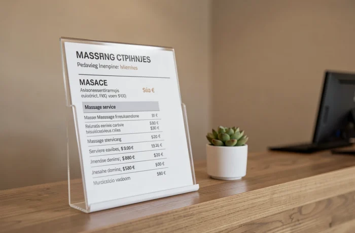 Tableau des tarifs de massage affiché à la réception d'un spa moderne en 2024