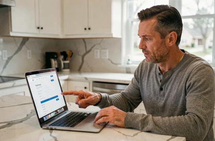Homme identifiant les informations de contact sur un site web professionnel depuis chez lui