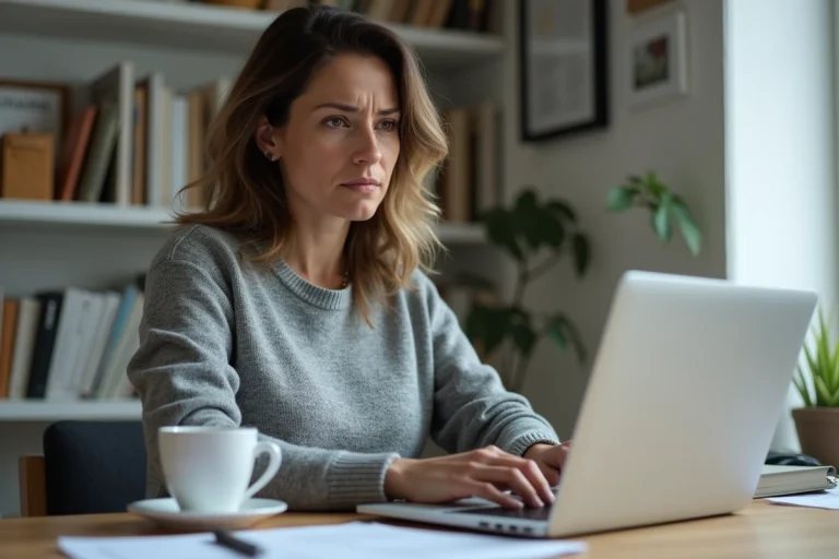 Femme consultant le site de l'ANTS sur un ordinateur portable pour vérifier l'enregistrement de sa déclaration de cession de véhicule
